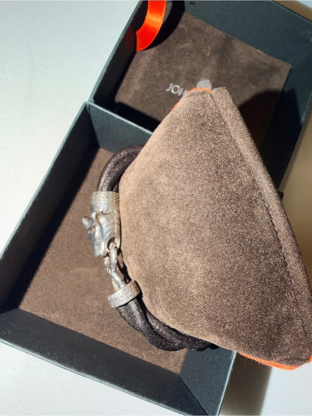 John Hardy Black Leather Bracelet with Silver Dragon Head Accent..PLEASE NO  BOX